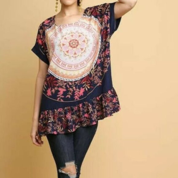 Navy Orange Floral Medallion Print Tunic Top S M - Picture 3 of 9
